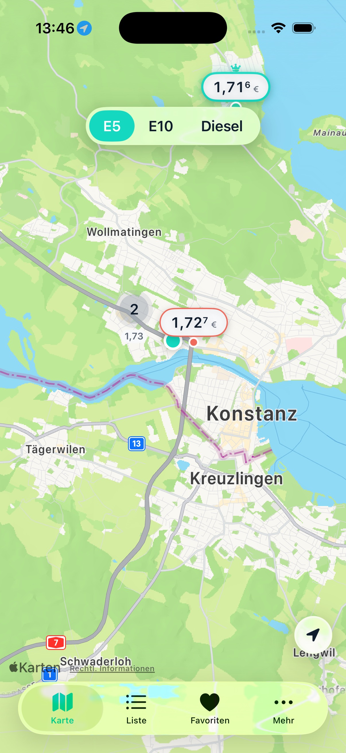 TankPuls iOS App — Kartenansicht mit Tankstellen-Preisen am Bodensee rund um Konstanz